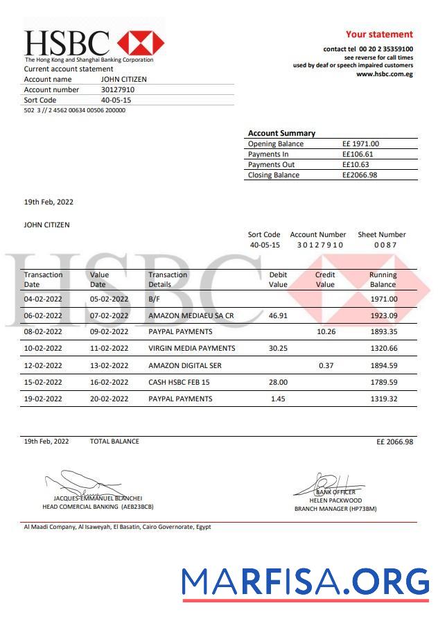 Blank Egypt HSBC bank proof of address statement word download for verification